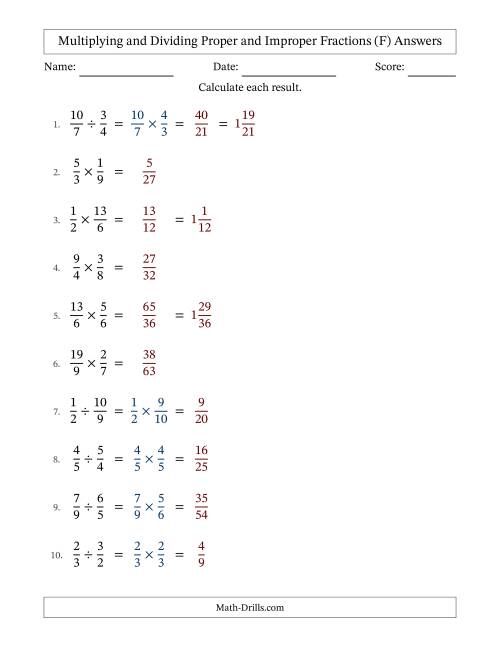 The Multiplying and Dividing Proper and Improper Fractions with No Simplifying (F) Math Worksheet Page 2