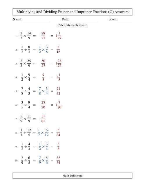 The Multiplying and Dividing Proper and Improper Fractions with No Simplifying (G) Math Worksheet Page 2