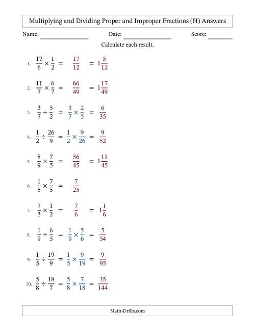 The Multiplying and Dividing Proper and Improper Fractions with No Simplifying (H) Math Worksheet Page 2