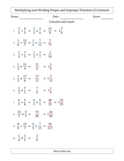 The Multiplying and Dividing Proper and Improper Fractions with No Simplifying (I) Math Worksheet Page 2
