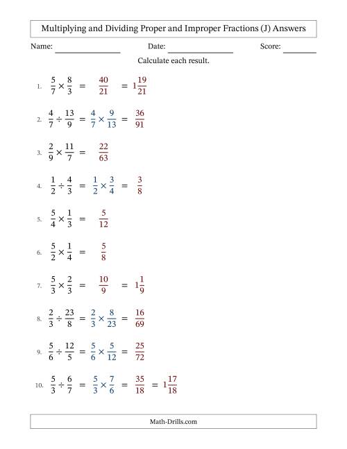 The Multiplying and Dividing Proper and Improper Fractions with No Simplifying (J) Math Worksheet Page 2