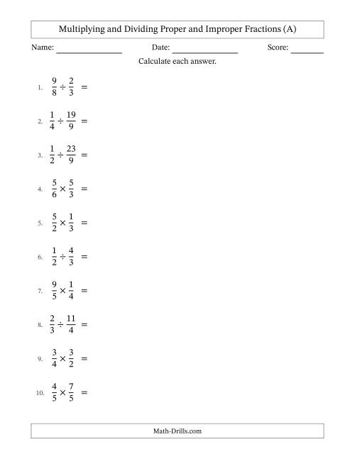 The Multiplying and Dividing Proper and Improper Fractions with No Simplifying (All) Math Worksheet