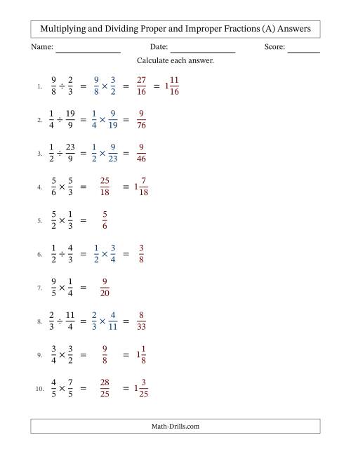 The Multiplying and Dividing Proper and Improper Fractions with No Simplifying (All) Math Worksheet Page 2