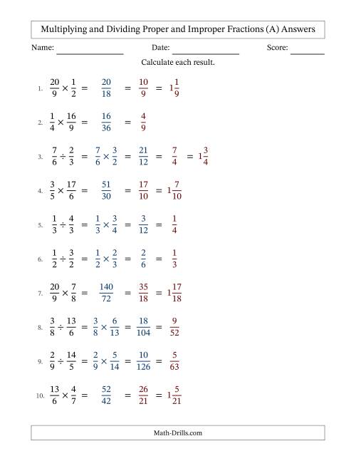 The Multiplying and Dividing Proper and Improper Fractions with All Simplifying (A) Math Worksheet Page 2