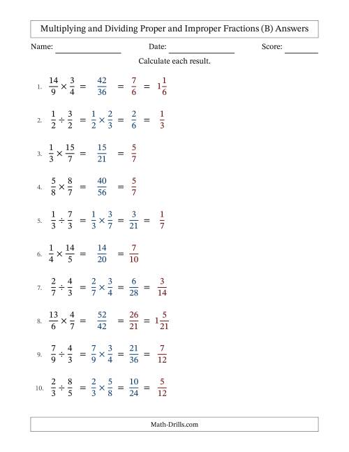 The Multiplying and Dividing Proper and Improper Fractions with All Simplifying (B) Math Worksheet Page 2