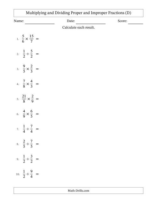 The Multiplying and Dividing Proper and Improper Fractions with All Simplifying (D) Math Worksheet