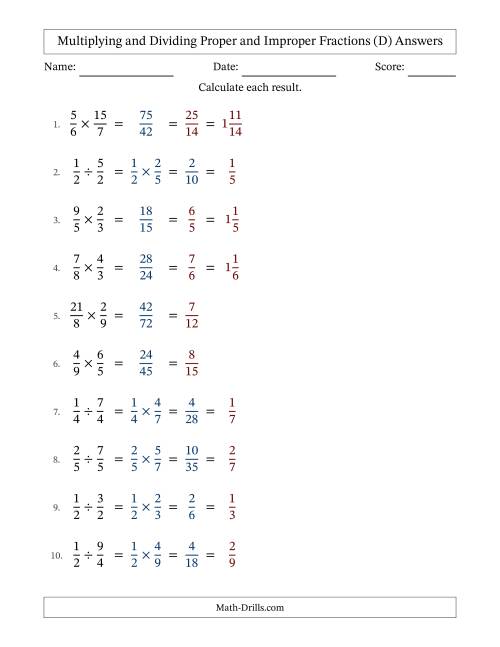 The Multiplying and Dividing Proper and Improper Fractions with All Simplifying (D) Math Worksheet Page 2