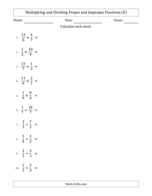 The Multiplying and Dividing Proper and Improper Fractions with All Simplifying (E) Math Worksheet