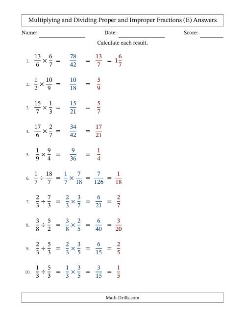 The Multiplying and Dividing Proper and Improper Fractions with All Simplifying (E) Math Worksheet Page 2