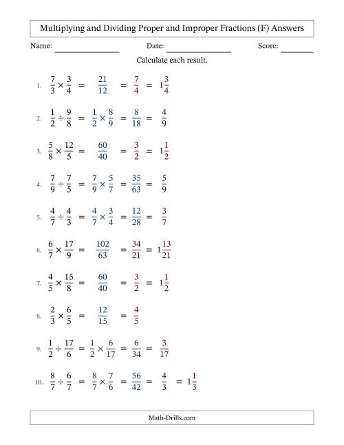 The Multiplying and Dividing Proper and Improper Fractions with All Simplifying (F) Math Worksheet Page 2