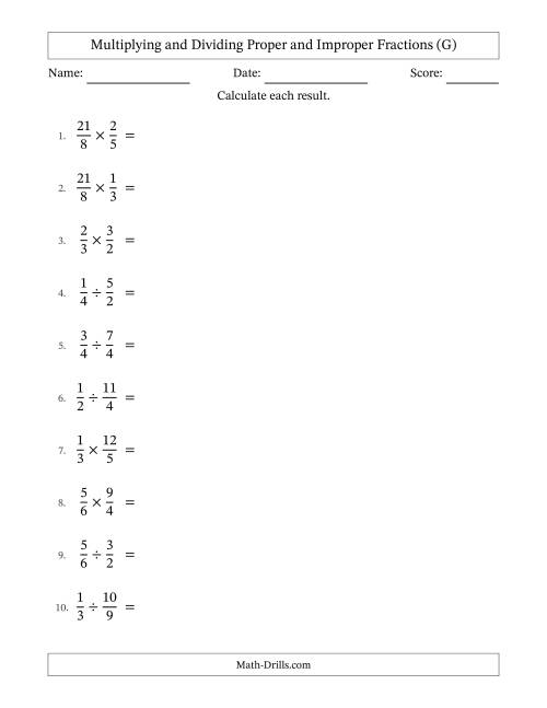 The Multiplying and Dividing Proper and Improper Fractions with All Simplifying (G) Math Worksheet