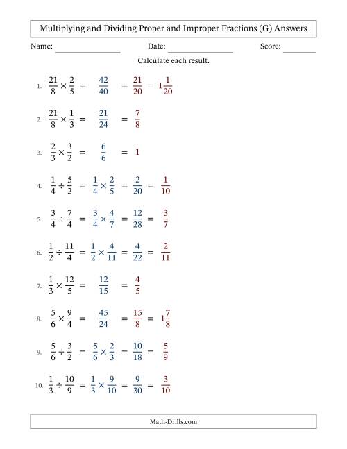 The Multiplying and Dividing Proper and Improper Fractions with All Simplifying (G) Math Worksheet Page 2