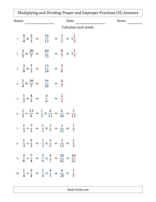 The Multiplying and Dividing Proper and Improper Fractions with All Simplifying (H) Math Worksheet Page 2