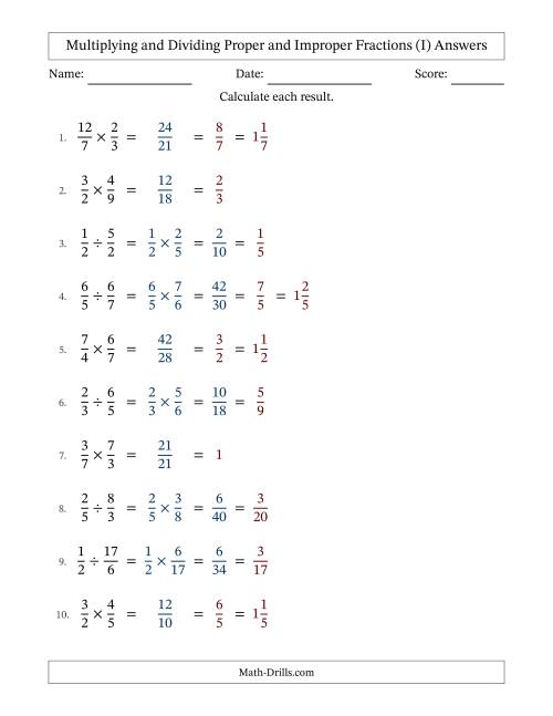The Multiplying and Dividing Proper and Improper Fractions with All Simplifying (I) Math Worksheet Page 2