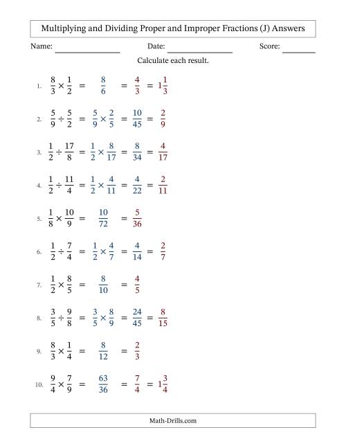 The Multiplying and Dividing Proper and Improper Fractions with All Simplifying (J) Math Worksheet Page 2