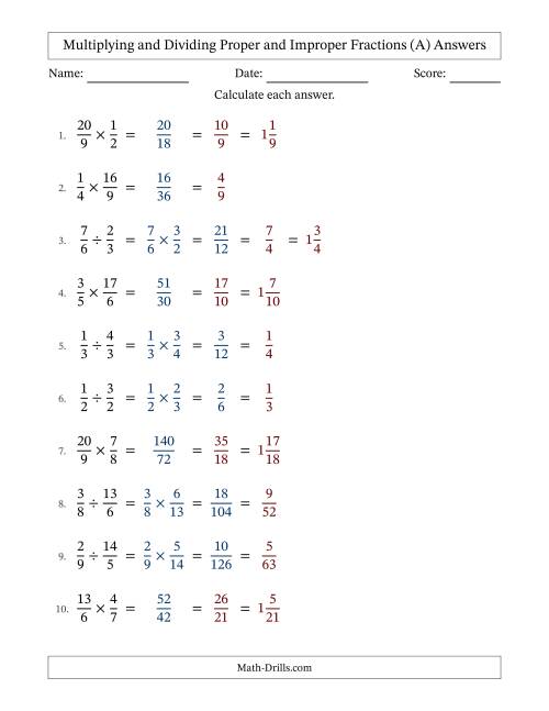 The Multiplying and Dividing Proper and Improper Fractions with All Simplifying (All) Math Worksheet Page 2