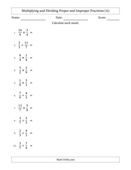 The Multiplying and Dividing Proper and Improper Fractions with Some Simplifying (A) Math Worksheet