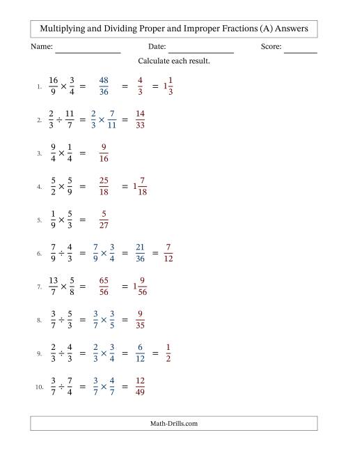 The Multiplying and Dividing Proper and Improper Fractions with Some Simplifying (A) Math Worksheet Page 2