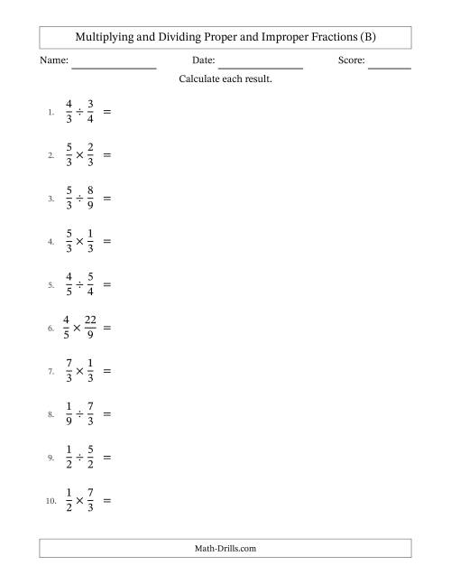 The Multiplying and Dividing Proper and Improper Fractions with Some Simplifying (B) Math Worksheet