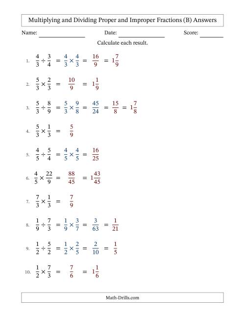 The Multiplying and Dividing Proper and Improper Fractions with Some Simplifying (B) Math Worksheet Page 2