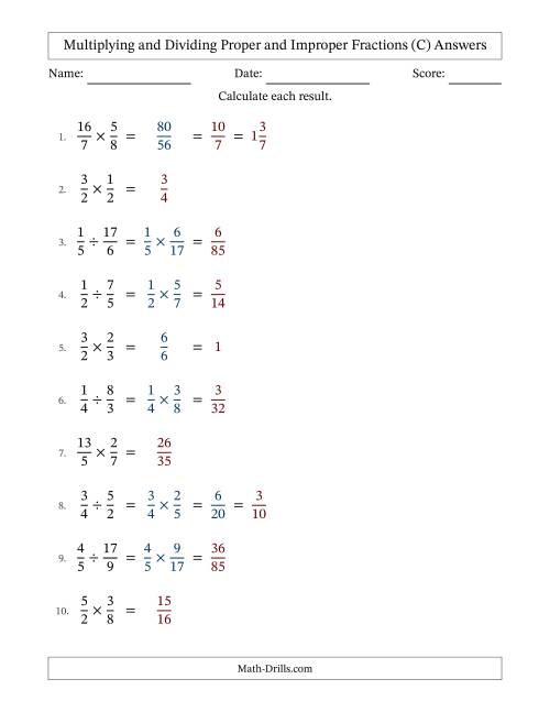 The Multiplying and Dividing Proper and Improper Fractions with Some Simplifying (C) Math Worksheet Page 2