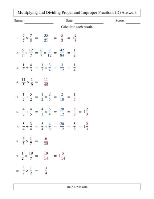 The Multiplying and Dividing Proper and Improper Fractions with Some Simplifying (D) Math Worksheet Page 2