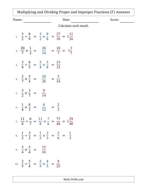 The Multiplying and Dividing Proper and Improper Fractions with Some Simplifying (F) Math Worksheet Page 2