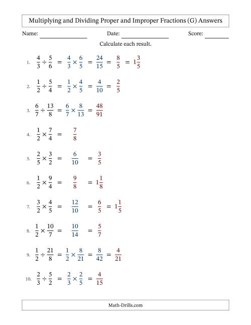 The Multiplying and Dividing Proper and Improper Fractions with Some Simplifying (G) Math Worksheet Page 2