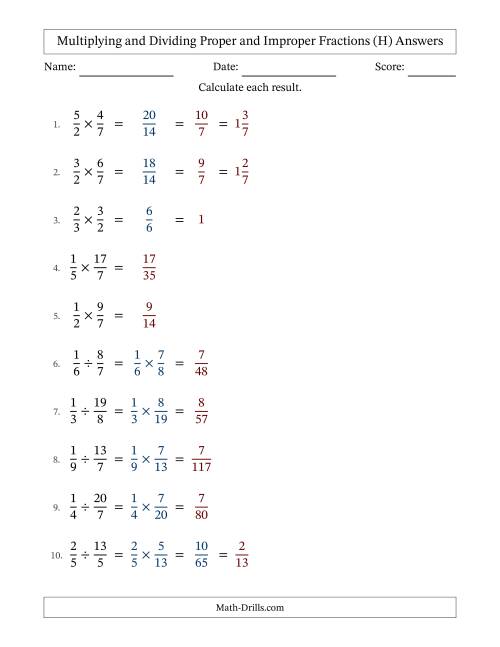 The Multiplying and Dividing Proper and Improper Fractions with Some Simplifying (H) Math Worksheet Page 2