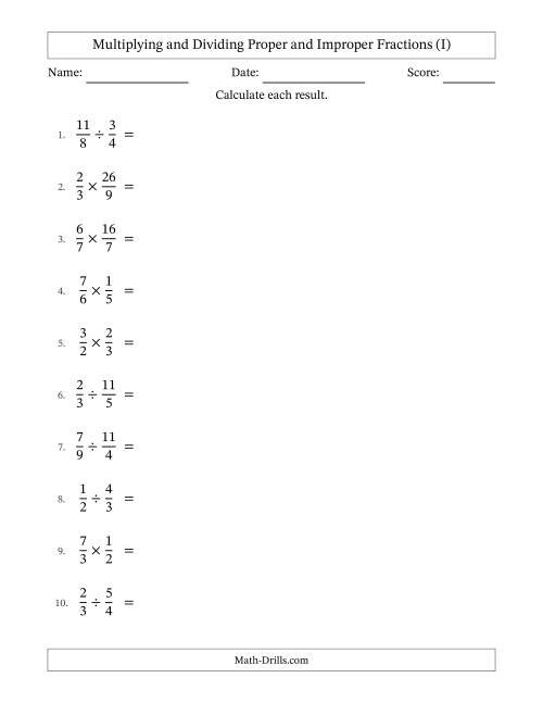 The Multiplying and Dividing Proper and Improper Fractions with Some Simplifying (I) Math Worksheet