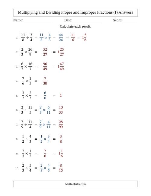 The Multiplying and Dividing Proper and Improper Fractions with Some Simplifying (I) Math Worksheet Page 2
