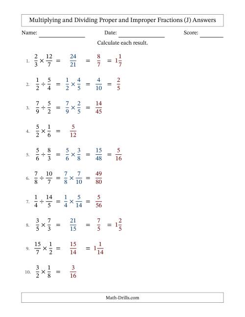 The Multiplying and Dividing Proper and Improper Fractions with Some Simplifying (J) Math Worksheet Page 2