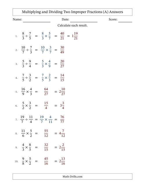 The Multiplying and Dividing Two Improper Fractions with No Simplifying (A) Math Worksheet Page 2