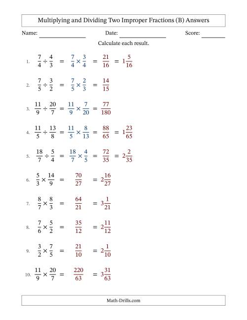 The Multiplying and Dividing Two Improper Fractions with No Simplifying (B) Math Worksheet Page 2