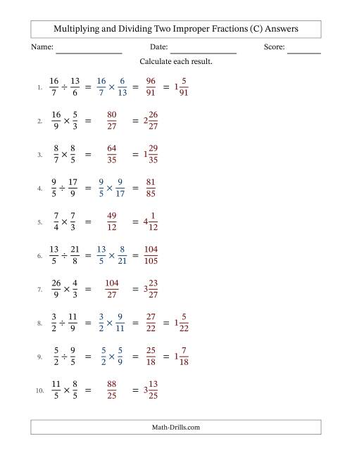 The Multiplying and Dividing Two Improper Fractions with No Simplifying (C) Math Worksheet Page 2