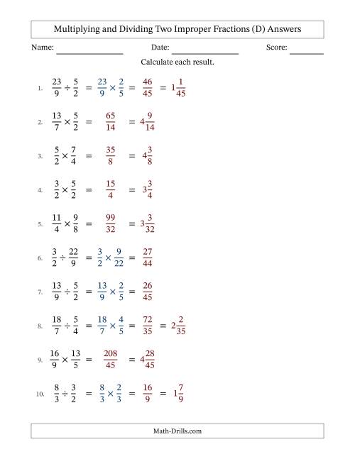 The Multiplying and Dividing Two Improper Fractions with No Simplifying (D) Math Worksheet Page 2