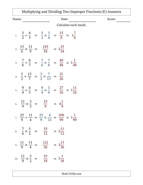 The Multiplying and Dividing Two Improper Fractions with No Simplifying (E) Math Worksheet Page 2