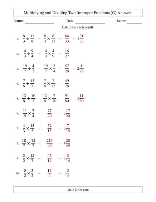 The Multiplying and Dividing Two Improper Fractions with No Simplifying (G) Math Worksheet Page 2