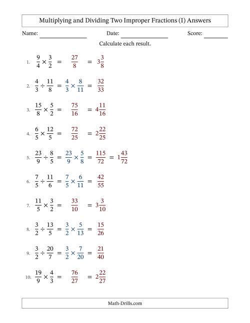 The Multiplying and Dividing Two Improper Fractions with No Simplifying (I) Math Worksheet Page 2