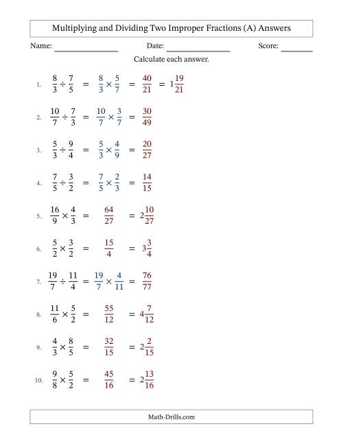 The Multiplying and Dividing Two Improper Fractions with No Simplifying (All) Math Worksheet Page 2