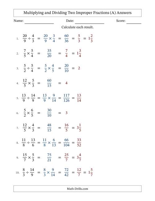 The Multiplying and Dividing Two Improper Fractions with All Simplifying (A) Math Worksheet Page 2