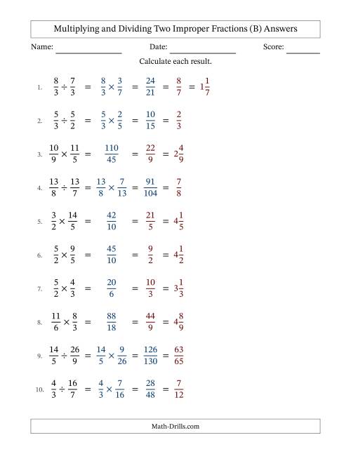 The Multiplying and Dividing Two Improper Fractions with All Simplifying (B) Math Worksheet Page 2