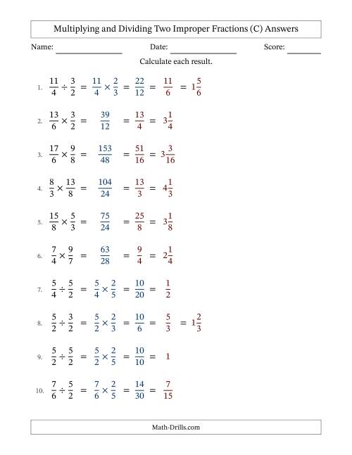 The Multiplying and Dividing Two Improper Fractions with All Simplifying (C) Math Worksheet Page 2