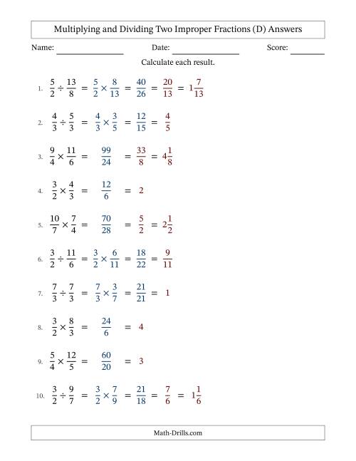 The Multiplying and Dividing Two Improper Fractions with All Simplifying (D) Math Worksheet Page 2
