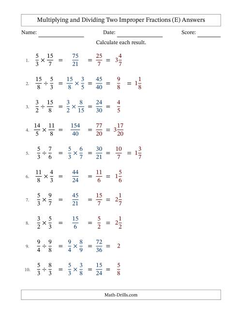 The Multiplying and Dividing Two Improper Fractions with All Simplifying (E) Math Worksheet Page 2