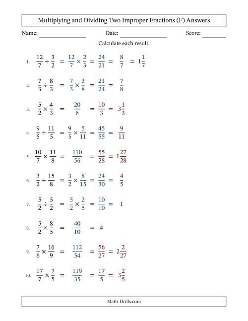 The Multiplying and Dividing Two Improper Fractions with All Simplifying (F) Math Worksheet Page 2