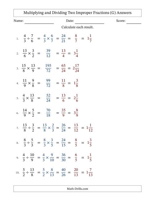 The Multiplying and Dividing Two Improper Fractions with All Simplifying (G) Math Worksheet Page 2