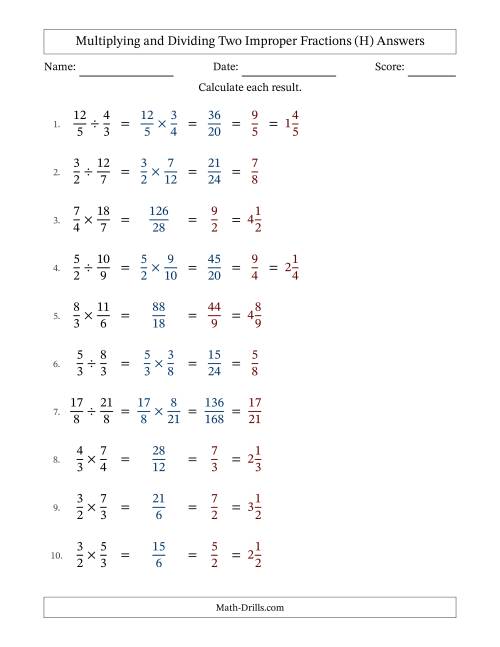 The Multiplying and Dividing Two Improper Fractions with All Simplifying (H) Math Worksheet Page 2