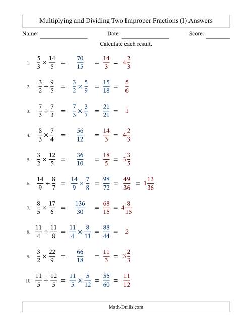 The Multiplying and Dividing Two Improper Fractions with All Simplifying (I) Math Worksheet Page 2