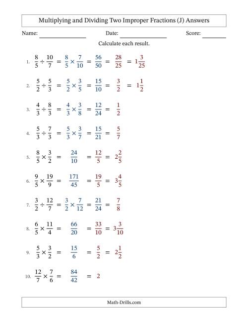 The Multiplying and Dividing Two Improper Fractions with All Simplifying (J) Math Worksheet Page 2